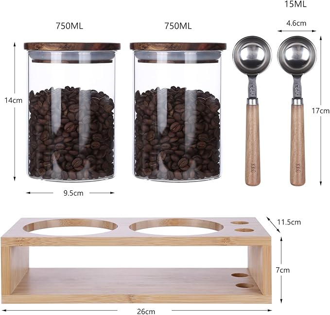 KKC アカシア蓋保存瓶 パッキン コーヒー豆保存容器 保存缶 コーヒーキャンニスター スプーン付き 密閉 200gコーヒー豆 ガラスキャンニスター ガラス密閉保存瓶 750ML 2個セット