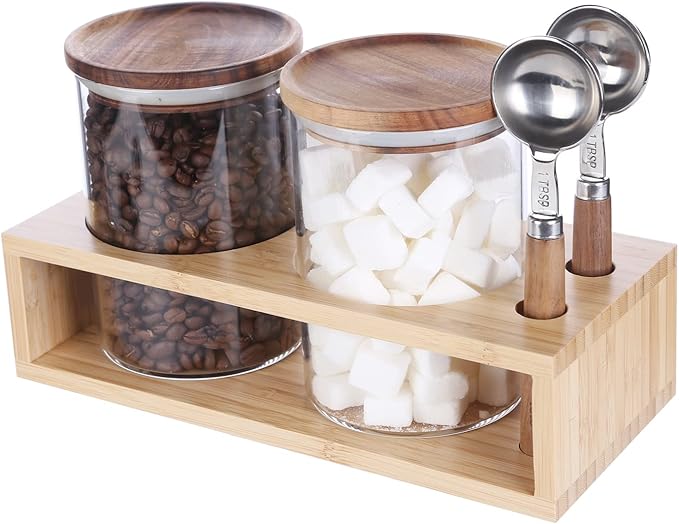 KKC アカシア蓋保存瓶 パッキン コーヒー豆保存容器 保存缶 コーヒーキャンニスター スプーン付き 密閉 200gコーヒー豆 ガラスキャンニスター ガラス密閉保存瓶 750ML 2個セット