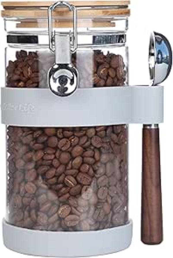 KKC コーヒーまめ 豆 保存容器 500g 密閉 ガラス コーヒー豆キャニスター 密閉性が良く 1500ML グレー