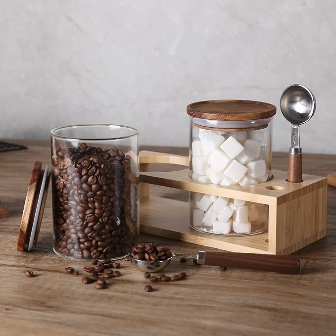 KKC アカシア蓋保存瓶 パッキン コーヒー豆保存容器 保存缶 コーヒーキャンニスター スプーン付き 密閉 200gコーヒー豆 ガラスキャンニスター ガラス密閉保存瓶 750ML 2個セット