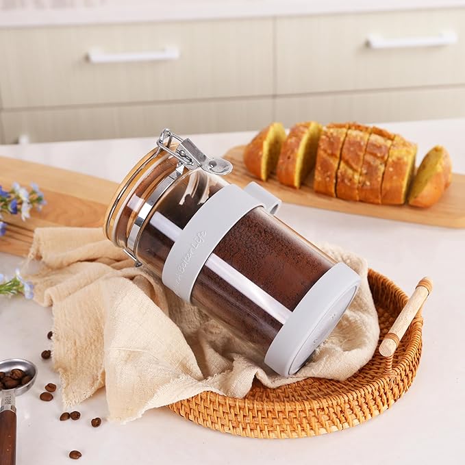 KKC コーヒーまめ 豆 保存容器 500g 密閉 ガラス コーヒー豆キャニスター 密閉性が良く 1500ML グレー
