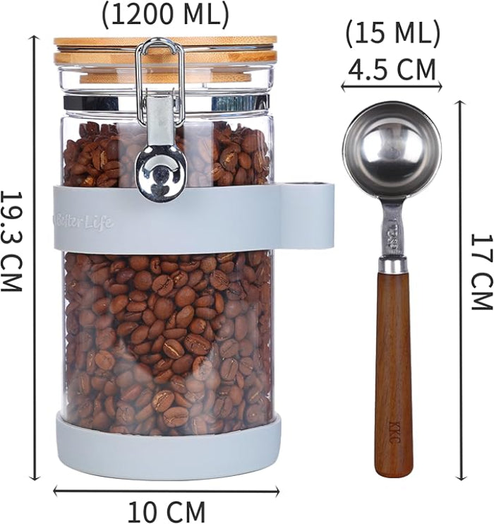 KKC コーヒーまめ 豆 保存容器 500g 密閉 ガラス コーヒー豆キャニスター 密閉性が良く 1500ML グレー