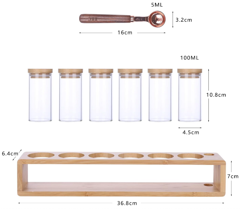 KKC スパイスボトル スプーン付き ガラス 密閉 ガラススパイスジャー 6個 100ml 調味料保存ボトル 香料 シナモン スターアニス クミン 胡椒