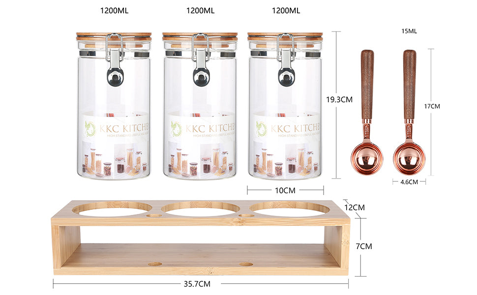 KKC コーヒー豆保存容器 保存缶 コーヒーキャンニスター ガラス密閉保存瓶 保存容器 保存瓶 パッキン スプーン付き 密閉 珈琲 カレー用のスパイス ガラスキャンニスター 1200ML 3個保存瓶+2スプーン+収納竹ラック