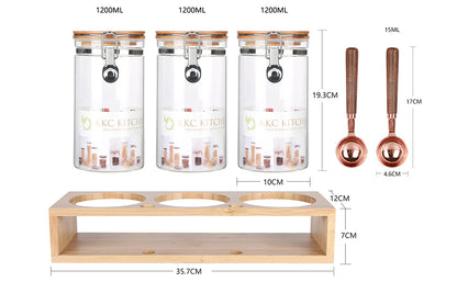 KKC コーヒー豆保存容器 保存缶 コーヒーキャンニスター ガラス密閉保存瓶 保存容器 保存瓶 パッキン スプーン付き 密閉 珈琲 カレー用のスパイス ガラスキャンニスター 1200ML 3個保存瓶+2スプーン+収納竹ラック