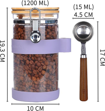 KKC コーヒー豆キャニスター ガラス コーヒー豆保存容器付属のスプーン 密閉 気密ボトル 保存瓶 食品保存ボトル密封容器 貯蔵 砂糖 紅茶 珈琲豆 ガラスびん 1200ML 紫色