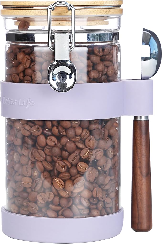 KKC コーヒー豆キャニスター ガラス コーヒー豆保存容器付属のスプーン 密閉 気密ボトル 保存瓶 食品保存ボトル密封容器 貯蔵 砂糖 紅茶 珈琲豆 ガラスびん 1200ML 紫色